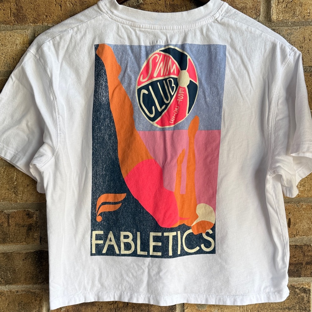 Fabletics White beach ball Tee with Pink & Orange Graphic